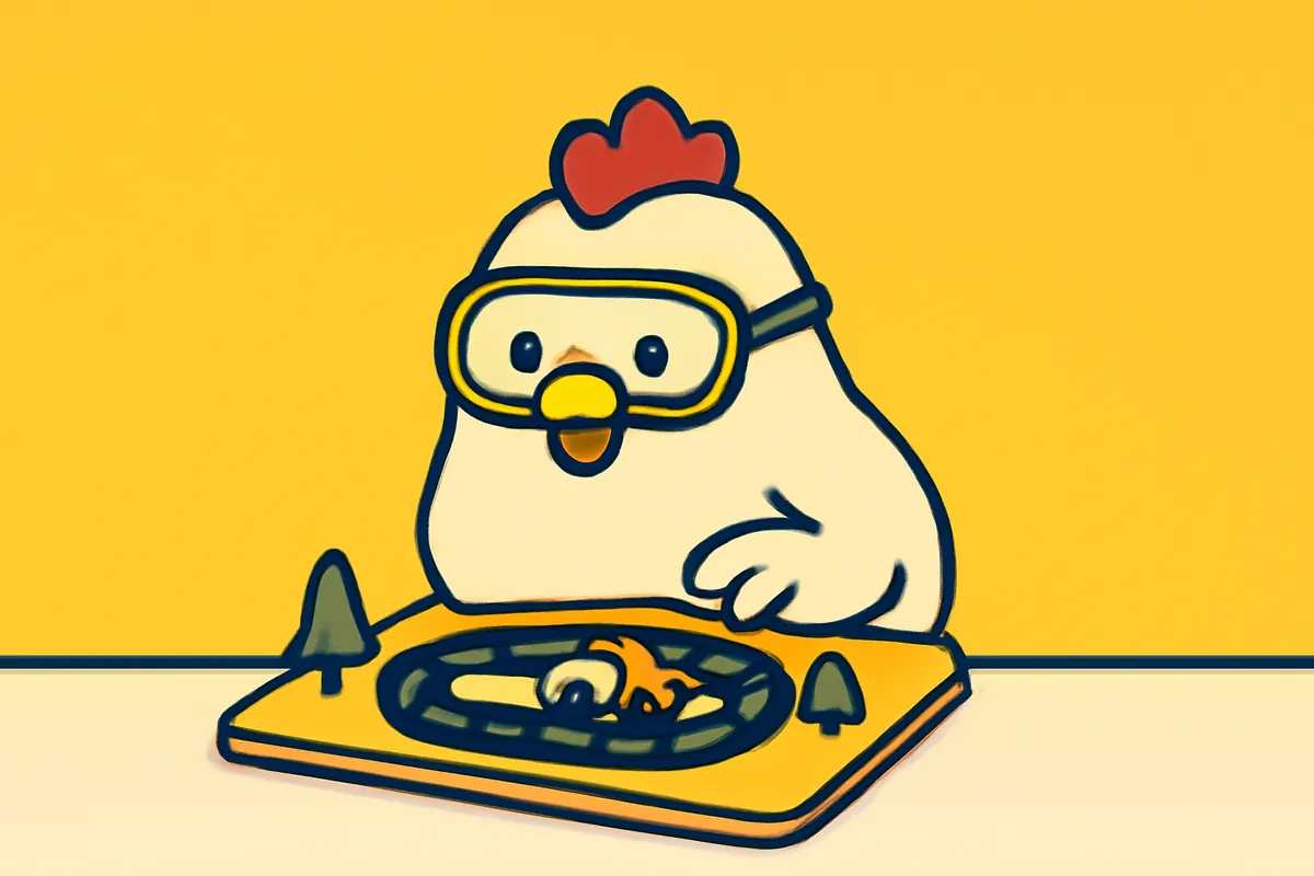 Illustration: Das Huhn probiert mit Schutzbrille ein Spielmodell aus