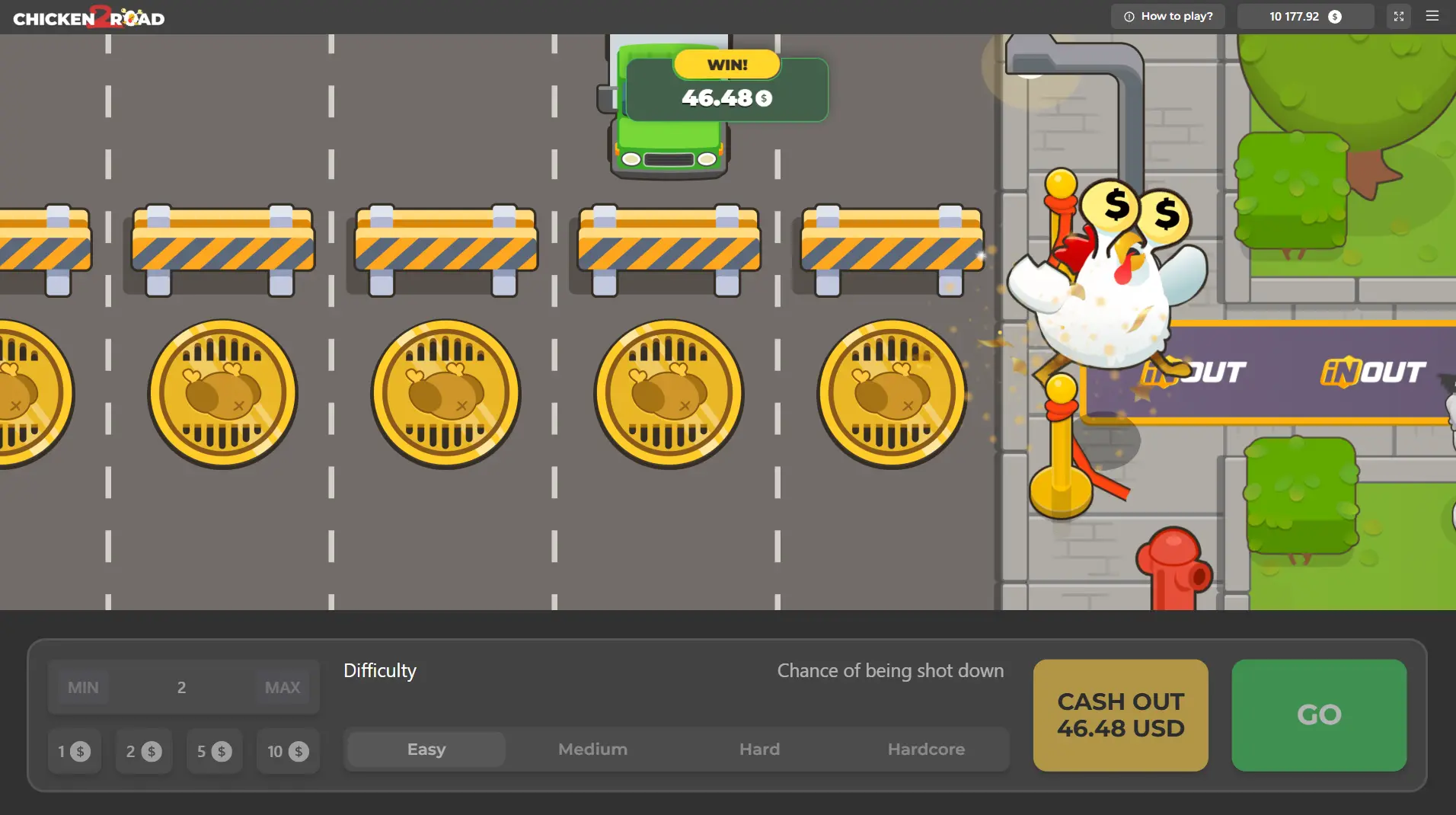 Chicken Road Spieloberfläche mit aktivem Multiplikator und ausgezahltem Gewinn