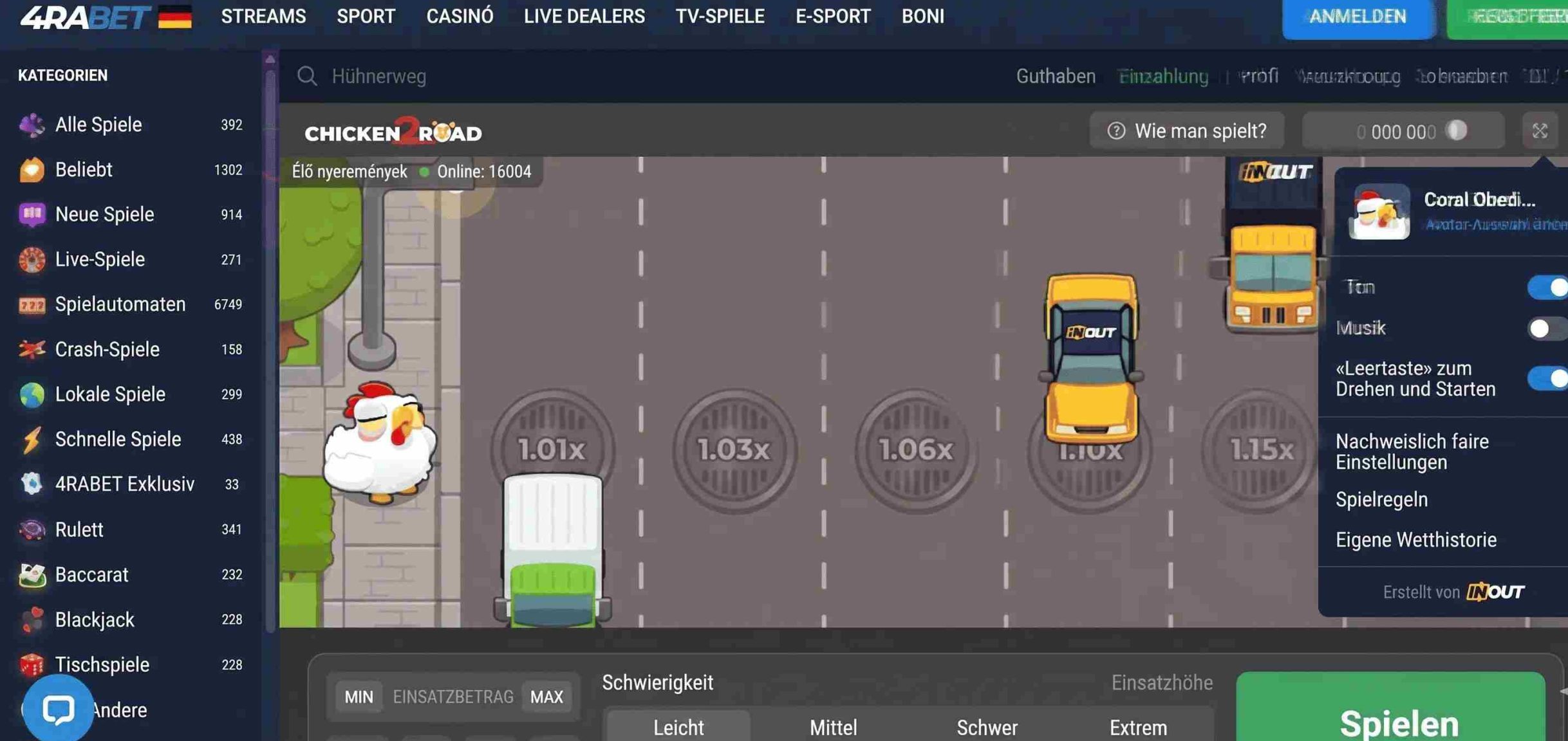 4rabet Casino-Oberfläche auf Deutsch mit Chicken Road in der Crash-Games-Sektion