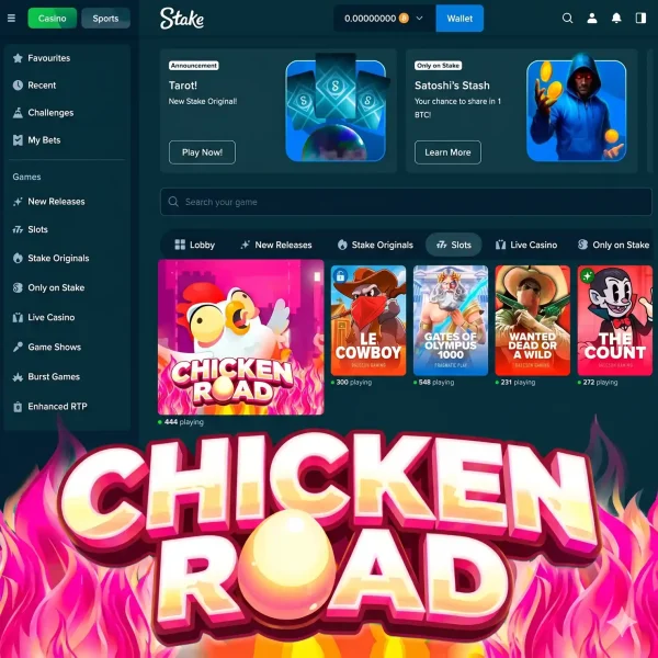 Stake Casino Spielkatalog mit Chicken Road in der Crash-Games-Kategorie