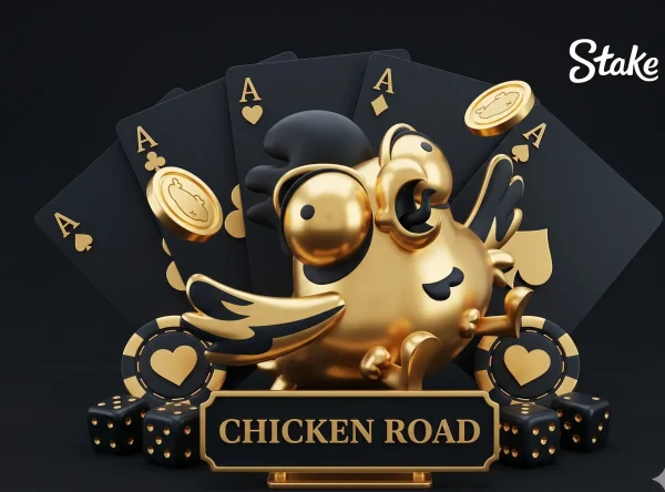 Chicken Road bei Stake mit goldenem Huhn als Symbol für Gewinne und Vault-Belohnungen